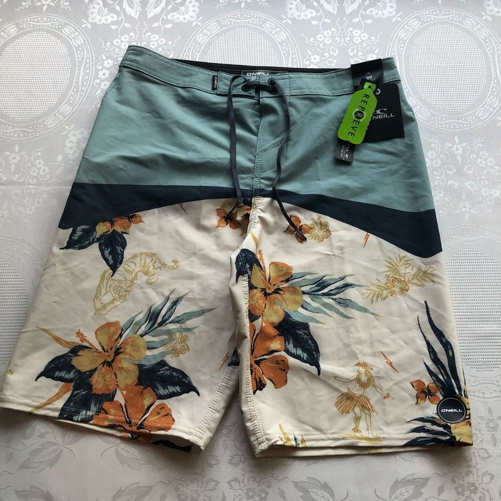 O'Neill Hyperfreak Strech Floral Swim Men's Size 29 Teal Floral Board-Shorts NWT - Picture 10 of 16